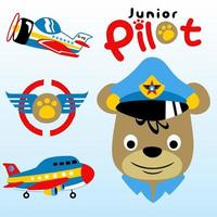 mignonne ours dans pilote casquette avec avions, vecteur dessin animé illustration