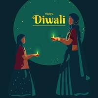 dessin animé hindou femme avec sa fille en portant allumé pétrole lampe sur sarcelle Contexte pour content diwali fête. vecteur