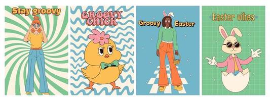 sensationnel hippie content Pâques affiches. Pâques œufs, lapin. vecteur carte dans branché rétro Années 60 Années 70 dessin animé style.