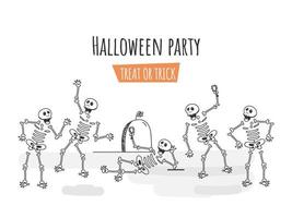 ligne art illustration de Humain squelettes dansant ou profiter avec boisson verre sur blanc Contexte pour Halloween faire la fête, traiter ou astuce. vecteur