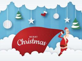papier Couper des nuages et bleu rayé Contexte décoré avec pendaison boules, étoiles, chaussette, Noël arbre et Père Noël claus tirant une rouge lourd sac pour joyeux Noël fête. vecteur