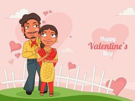 Jeune couple personnage permanent sur jardin vue avec rose cœurs Contexte pour content la Saint-Valentin journée fête concept. vecteur
