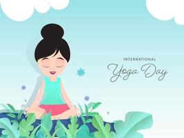 papier dessin animé fille séance dans méditation pose avec feuilles et fleurs décoré sur brillant bleu Contexte pour international yoga journée. vecteur
