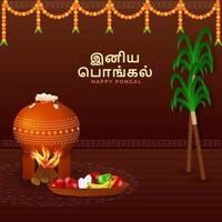 Tamil Langue de content pongal texte avec riz cuisine boue pot à feu, des fruits, canne à sucre et courir sur marron Contexte. vecteur