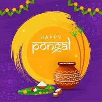 content pongal concept avec pongali riz dans boue pot, des fruits, canne à sucre, courir sur Jaune et violet brosse accident vasculaire cérébral texture Contexte. vecteur