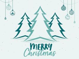 joyeux Noël Police de caractère écrit par sarcelle brosse avec Noël des arbres et pendaison babioles sur blanc Contexte. vecteur