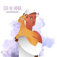 Aïd al-Adha mubarak fête concept avec musulman homme porter une chèvre sur le sien épaule et violet aquarelle éclaboussure Contexte. vecteur