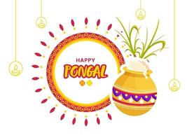 content pongal fête concept avec traditionnel plat dans boue pot et canne à sucre sur blanc mandala modèle Contexte. vecteur