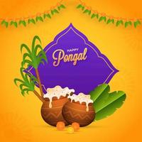 content pongal concept avec riz boue marmites, banane feuilles, canne à sucre et courir décoré sur Jaune Contexte. vecteur