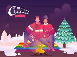 dessin animé gay couple séance dans de face de feu avec décoratif Noël arbre sur neigeux violet Contexte pour joyeux Noël fête. vecteur