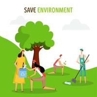 illustration de dessin animé gens nettoyage jardin ou parc pour enregistrer environnement concept. vecteur