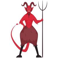 dessin animé personnage de diable en portant trident sur blanc Contexte. vecteur