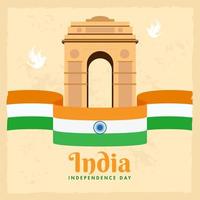 illustration de Inde porte monument avec colombes et Indien drapeau ruban sur beige Contexte pour indépendance journée concept. vecteur