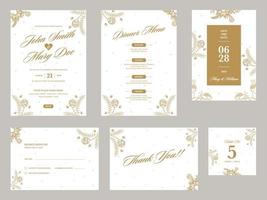 mariage invitation carte avec dîner menu, enregistrer le date, table non et remercier vous modèle mise en page. vecteur