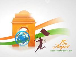 3d Inde porte monument avec ashoka roue et marron silhouette homme en portant Indien drapeau sur blanc Contexte pour 15e août, content indépendance journée concept. vecteur