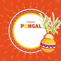 content pongal fête concept avec traditionnel plat dans boue pot, canne à sucre sur blanc et Orange Contexte. vecteur