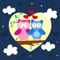 rose et bleu chouettes couple asseoir sur arbre branche avec des nuages pour l'amour ou la Saint-Valentin journée. vecteur