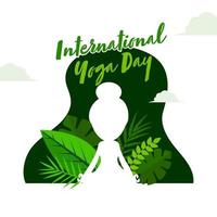 blanc silhouette fille méditer avec vert feuilles sur abstrait Contexte pour international yoga journée concept. vecteur