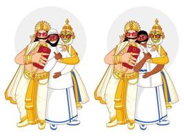illustration de Roi Mahabali, Kathakali Danseur, musulman homme, Sud Indien homme prise selfie ensemble dans deux option. vecteur