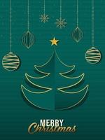 papier Couper Noël arbre avec d'or étoile, pendaison babioles et flocons de neige sur vert Contexte pour joyeux Noël fête. vecteur