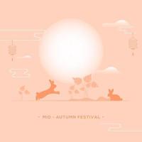 milieu l'automne Festival fête concept avec silhouette lapins, les plantes et brillant plein lune sur pastel pêche Contexte. vecteur