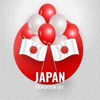 Japon fondation journée texte avec nationale drapeaux, brillant des ballons sur rouge et lumière gris Contexte. vecteur