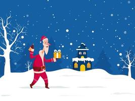 de bonne humeur Père Noël claus en portant une cadeau boîte avec cloche, nu des arbres et maison illustration sur neige chute bleu et blanc Contexte. vecteur