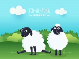 Aïd al-Adha mubarak concept avec deux dessin animé mouton sur vert la nature et ciel bleu Contexte. vecteur