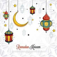 Ramadan kareem fête affiche conception avec pendaison croissant lune, lanternes et étoiles décoré sur laser Couper arabe modèle Contexte. vecteur