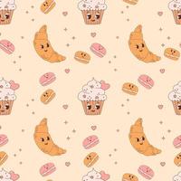 sans couture modèle avec mignonne Pâtisserie . dessin animé personnages croissant, macaron et gâteau petit gâteau sur Jaune Contexte. vecteur illustration pour fond d'écran, conception, textile, emballage, décor, des gamins collection.