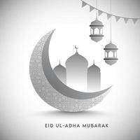 3d gris croissant lune avec mosquée, pendaison lanternes et bruant drapeaux sur brillant blanc Contexte pour eid ul-adha moubarak. vecteur