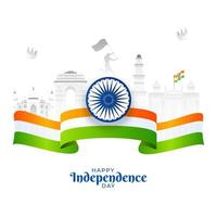 content indépendance journée affiche conception avec ashoka roue, Inde drapeau ruban et Indien célèbre les monuments sur blanc Contexte. vecteur