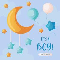 bébé douche invitation avec boho lune, étoiles, des ballons et des nuages sur bleu. caractères c'est une garçon. Bonjour bébé fête, vacances, événement. bannière, prospectus. dessin animé vecteur