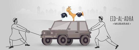 dessin animé chèvre avec deux mouton asseoir sur jeep pousser par ligne art musulman Hommes et silhouette mosquée pour Aïd al-Adha mubarak fête. vecteur