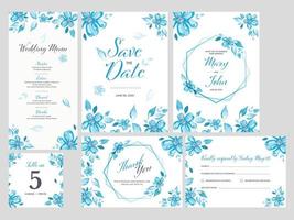 mariage invitation, menu, enregistrer le date, table nombre, gentiment réponse ou RSVP et remercier vous carte décoré bleu fleurs. vecteur
