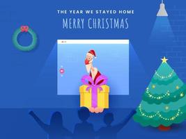 dessin animé Père Noël claus donnant cadeau boîte à des gamins par vidéo appel avec Noël arbre sur bleu Contexte pour joyeux Noël célébrer rester à maison. vecteur