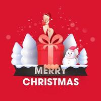 illustration de Père Noël claus portant sécurité masque avec cadeau boîte, bonhomme de neige et neigeux des arbres sur rouge Contexte pour joyeux Noël. vecteur