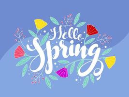 Bonjour printemps Police de caractère avec coloré fleurs et feuilles sur bleu vague Contexte. vecteur