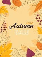 Bonjour l'automne vente modèle ou prospectus conception avec divers feuilles décoré sur pêche Jaune Contexte. vecteur