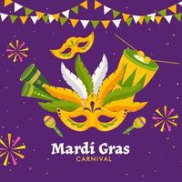 mardi gras carnaval concept avec plume masque, maracas, vuvuzela et tambour instrument décoré sur violet Contexte. vecteur
