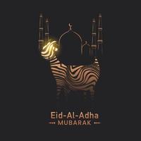 Aïd al-Adha mubarak texte avec étincelant chèvre dans rayures courbe modèle et ligne art mosquée sur noir Contexte. vecteur