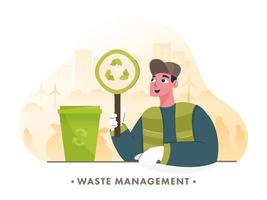 dessin animé homme recherche recycler poubelle sur vert ville Contexte pour déchets la gestion concept. vecteur