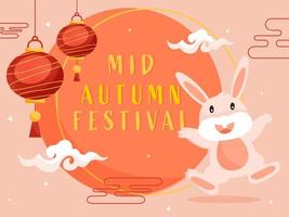 milieu l'automne Festival affiche conception avec dessin animé lapin dansant, des nuages et pendaison chinois lanternes décoré sur pêche Contexte. vecteur