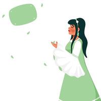 Jeune fille personnage avec vert feuille chute sur blanc Contexte et espace pour texte. vecteur