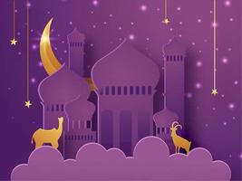 papier Couper illustration de mosquée avec chameau, chèvre, d'or croissant lune et pendaison étoiles sur violet lumière effets Contexte pour islamique Festival fête, vecteur