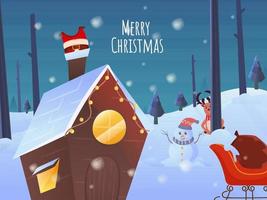 neigeux paysage Contexte avec Père Noël claus coincé sur cheminée loger, traîneau, dessin animé bonhomme de neige et renne pour joyeux Noël fête. vecteur