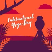international yoga journée Police de caractère avec silhouette de fille méditer dans lotus pose sur coloré la nature Contexte. vecteur