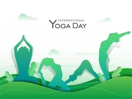 papier Couper illustration de femmes Faire yoga dans différent pose avec vert feuilles pour international yoga journée. vecteur