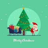 illustration de Père Noël claus en portant corde de cadeaux traîneau et décoratif Noël arbre sur vert grain effet Contexte pour joyeux Noël. vecteur