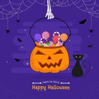 squelette main en portant citrouille panier plein de des sucreries avec effrayant chat, toile d'araignée et chauves-souris mouche sur violet Contexte pour content Halloween. vecteur